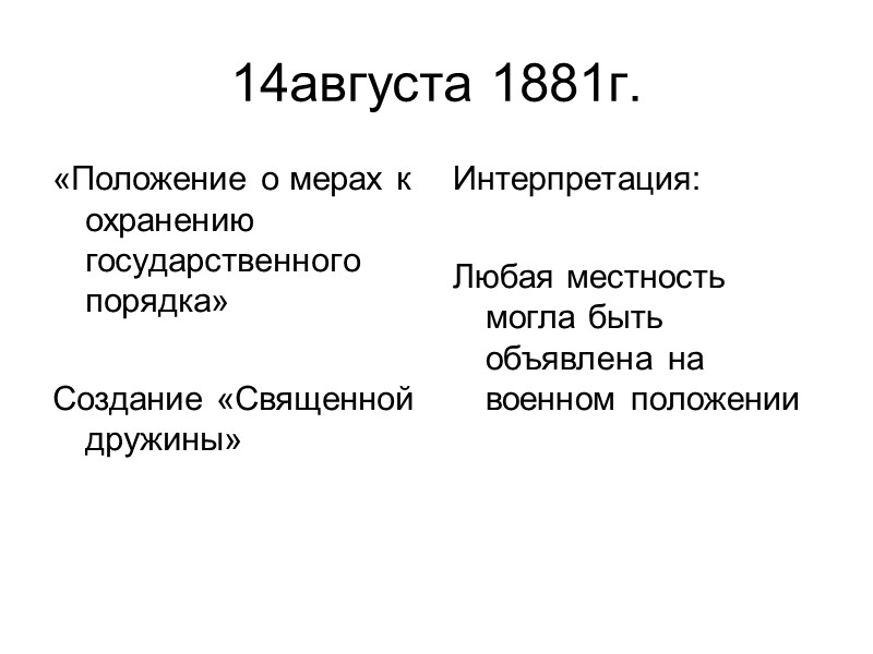 14августа 1881г. «Положение о мерах к охранению государственного порядка»  Создание «Священной дружины» Интерпретация: